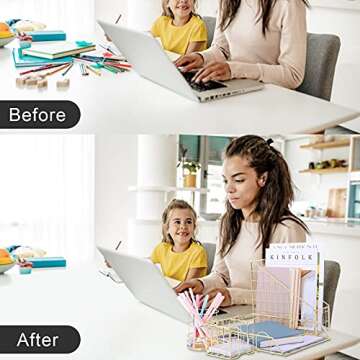 TNELTUEB Gold Desk Organizer Set, 5 Piece Desk Accessories Set- Letter Sorter, Paper Tray, Pen Cup, Magazine File, Sticky Note Holder Desktop Organization for Home or Office