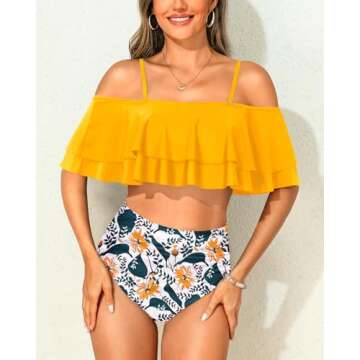 Tempt Me Women Yellow Two Piece High Waisted Bikini Set Swimsuit Off Shoulder Ruffle Bathing Suits T...