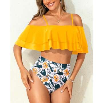 Tempt Me Women Yellow Two Piece High Waisted Bikini Set Swimsuit Off Shoulder Ruffle Bathing Suits Tummy Control Ruched Swimwear L