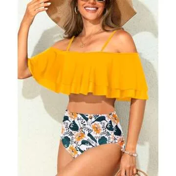 Tempt Me Women Yellow Two Piece High Waisted Bikini Set Swimsuit Off Shoulder Ruffle Bathing Suits Tummy Control Ruched Swimwear L