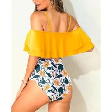 Tempt Me Women Yellow Two Piece High Waisted Bikini Set Swimsuit Off Shoulder Ruffle Bathing Suits Tummy Control Ruched Swimwear L
