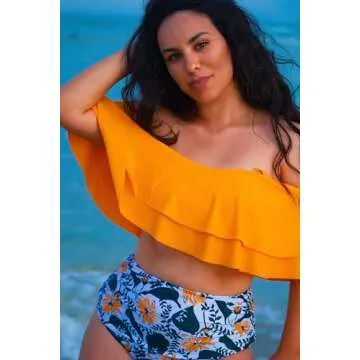 Tempt Me Women Yellow Two Piece High Waisted Bikini Set Swimsuit Off Shoulder Ruffle Bathing Suits Tummy Control Ruched Swimwear L