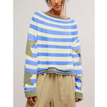 Amiblvowa Oversized Sweatshirt Women Star Graphic Crewneck Y2k Free Long Sleeve Vintage Aesthetic People Dupes Shirt Striped Jacket Sweater Shirt Pullover Top (Blue Star, S)