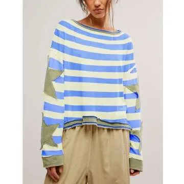 Amiblvowa Oversized Sweatshirt Women Star Graphic Crewneck Y2k Free Long Sleeve Vintage Aesthetic People Dupes Shirt Striped Jacket Sweater Shirt Pullover Top (Blue Star, S)