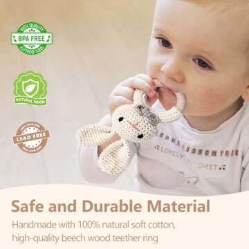 Wooden Baby Rattle, Handcrafted Crochet Bunny Rattles with Wooden Teething Ring, Beige Rabbit Newborn Toy Stuffed Animal Organic Rattle Baby Announcement Ideas Props