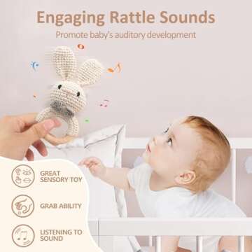 Wooden Baby Rattle, Handcrafted Crochet Bunny Rattles with Wooden Teething Ring, Beige Rabbit Newborn Toy Stuffed Animal Organic Rattle Baby Announcement Ideas Props