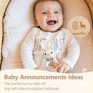 Wooden Baby Rattle, Handcrafted Crochet Bunny Rattles with Wooden Teething Ring, Beige Rabbit Newborn Toy Stuffed Animal Organic Rattle Baby Announcement Ideas Props