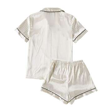 LYANER Women's Striped Silky Satin Pajamas Short Sleeve Top with Shorts Sleepwear PJ Set Champagne#2...
