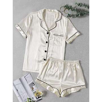 LYANER Women's Striped Silky Satin Pajamas Short Sleeve Top with Shorts Sleepwear PJ Set Champagne#2 Small