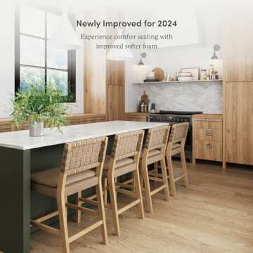 Nathan James Cohen Mid-Century Modern Leather Bar Stool, Counter Height Chair in Solid Wood Frame with Footrest and Woven Leather Back for Kitchen, Natural Brown, 1 count, Barstool - 24"