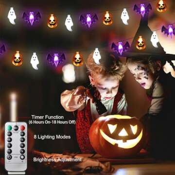 Zimati Halloween Lights, 16 FT 30 LED 3D Pumpkin Bat Ghost Battery Operated String Lights with Timer - 8 Lighting Modes Fairy Lights for Home Door Porch Decor Indoor Outdoor Party Decorations