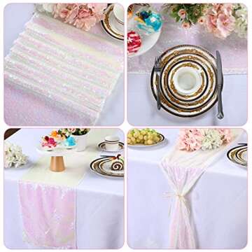 5 Packs Iridescent Sequin Table Runner Set 12 x 108 Inch Rectangle Glitter Table Runner for Birthday Wedding Party Supplies Catering Event Baby Shower Celebration Decorations (Illusion White)