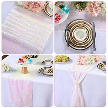 5 Packs Iridescent Sequin Table Runner Set 12 x 108 Inch Rectangle Glitter Table Runner for Birthday Wedding Party Supplies Catering Event Baby Shower Celebration Decorations (Illusion White)