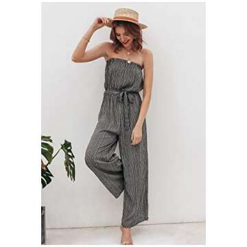 Narspeer Women's Summer Wide Leg Jumpsuit Casual Printed Strapless Loose Fit Striped One Piece Long Romper Pants Black S