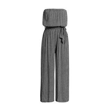 Narspeer Women's Summer Wide Leg Jumpsuit Casual Printed Strapless Loose Fit Striped One Piece Long Romper Pants Black S