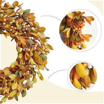 TEMPUS Artificial Fall Leaves Wreath 20 inch Autumn Leaves Yellow Berry Decorative Wreath for Festiv...