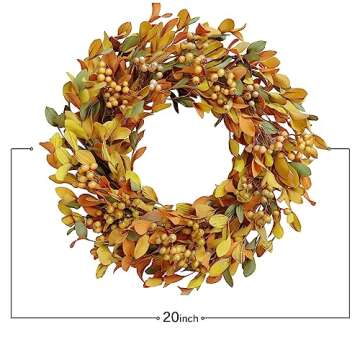TEMPUS Artificial Fall Leaves Wreath 20 inch Autumn Leaves Yellow Berry Decorative Wreath for Festival Celebration for Front Door Indoor or Outdoor Wall Home Party Decoration Decor