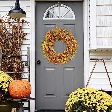 TEMPUS Artificial Fall Leaves Wreath 20 inch Autumn Leaves Yellow Berry Decorative Wreath for Festival Celebration for Front Door Indoor or Outdoor Wall Home Party Decoration Decor