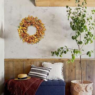 TEMPUS Artificial Fall Leaves Wreath 20 inch Autumn Leaves Yellow Berry Decorative Wreath for Festival Celebration for Front Door Indoor or Outdoor Wall Home Party Decoration Decor