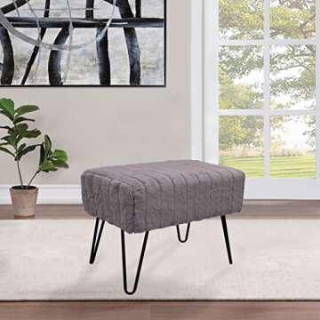 Home Soft Things Super Mink Faux Fur Gray Ottoman Bench 19" x 13" x 17", Charcoal, Living Room Foot Rest Stool Entryway Makeup Bench End of Bed Bedroom Home Decor Chair for Sitting