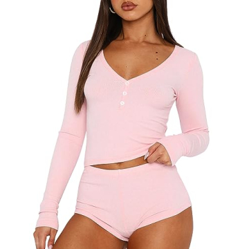 Cioatin Women Pink 2 Piece Ribbed Knit Pajama Set