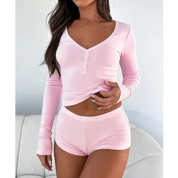 Cioatin Women Pink 2 Piece Ribbed Knit Pajama Set