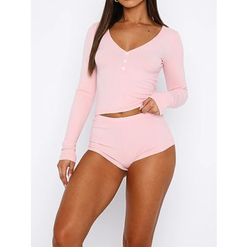 Cioatin Women Pink 2 Piece Ribbed Knit Pajama Set