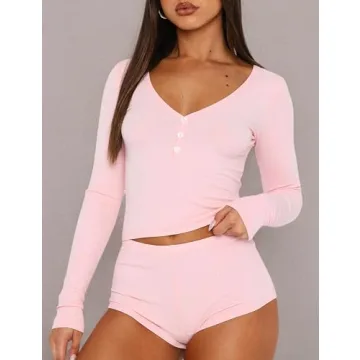Cioatin Women Pink 2 Piece Ribbed Knit Pajama Set
