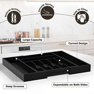 Utensil Organizer Silverware Drawer Organizer - Bamboo Expandable Cutlery Tray with Dividers for Ute...