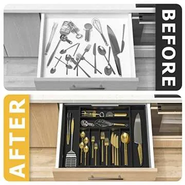 Utensil Organizer Silverware Drawer Organizer - Bamboo Expandable Cutlery Tray with Dividers for Utensil Holder Office Storage Makeup Desk Drawer Tool Organization W13.5"-19.5" x L17.5" x H2.5"(Black)