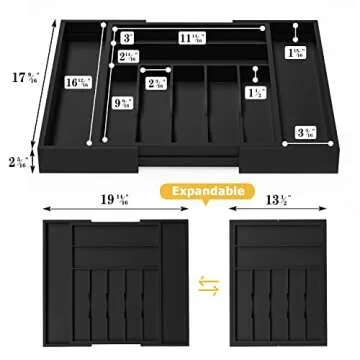 Utensil Organizer Silverware Drawer Organizer - Bamboo Expandable Cutlery Tray with Dividers for Utensil Holder Office Storage Makeup Desk Drawer Tool Organization W13.5"-19.5" x L17.5" x H2.5"(Black)