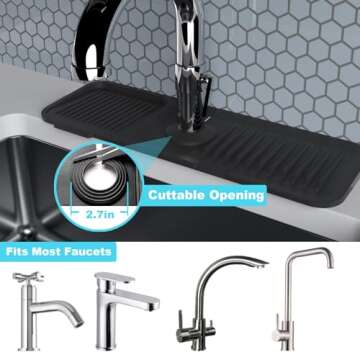 Abulun 5°Slope Sink Splash Guard Behind Faucet -Black Silicone draining mat for Kitchen Sink -Handle drip Catcher Tray with soap Dispenser Hole -Organizer for Sink Accessories