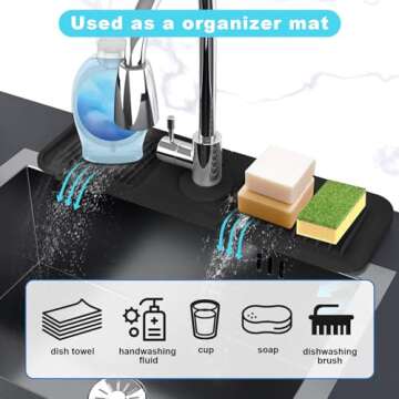 Abulun 5°Slope Sink Splash Guard Behind Faucet -Black Silicone draining mat for Kitchen Sink -Handle drip Catcher Tray with soap Dispenser Hole -Organizer for Sink Accessories