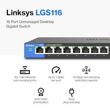 Linksys LGS116 16 Port Gigabit Unmanaged Network Switch - High-Speed Connectivity for Home and Offic...