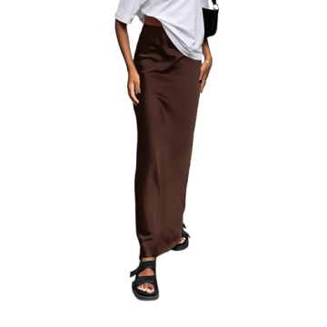 Vrtige Women's Elegant Satin Silky High Waist Zipper Flowy A Line Long Maxi Skirt in Dark Brown