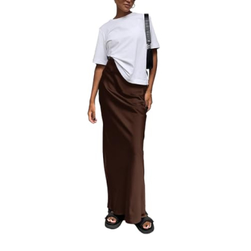 Vrtige Women's Elegant Satin High Waist Maxi Skirt Dark Brown