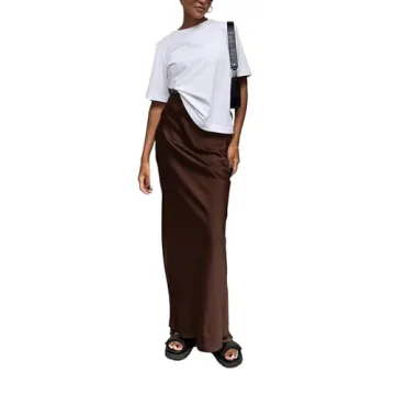 Vrtige Women's Elegant Satin High Waist Maxi Skirt Dark Brown