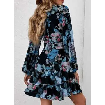 Dokotoo Womens Spring Summer Cross V-Neck Long Sleeve Ruffle Hem A-Line Floral Dresses Fashion Boho ...