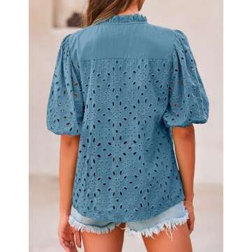 PRETTYGARDEN Women's Summer Tops 2025 Dressy Casual Short Sleeve V Neck Buttons Hollow Out Lace Embr...