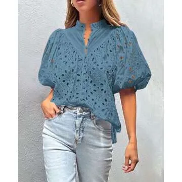 PRETTYGARDEN Women's Summer Tops 2025 Dressy Casual Short Sleeve V Neck Buttons Hollow Out Lace Embroidered Blouses Shirts (Grey Blue,Medium)