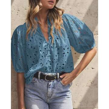 PRETTYGARDEN Women's Summer Tops 2025 Dressy Casual Short Sleeve V Neck Buttons Hollow Out Lace Embroidered Blouses Shirts (Grey Blue,Medium)