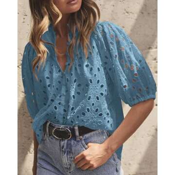 PRETTYGARDEN Women's Summer Tops 2025 Dressy Casual Short Sleeve V Neck Buttons Hollow Out Lace Embroidered Blouses Shirts (Grey Blue,Medium)