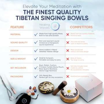 Tibetan Singing Bowl Set - 7 chakra healing crystal stones, Rose Quartz Pendulum Necklace - Handcrafted in Nepal for Meditation, Mindfulness, Yoga, Spiritual Healing and Stress Relief