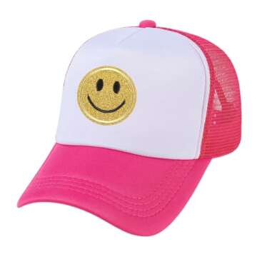lycycse Smile Face Hat Womens Mesh Neon Trucker Hats with Sequins Smile Patch Preppy Hat Retro Baseb...