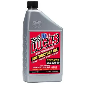 Lucas Oil 10702 High Performance Synthetic 20W-50 Motorcycle Oil - 6 Quarts Pack