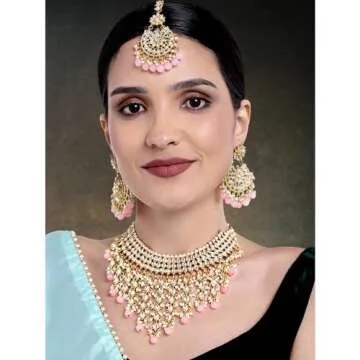 Aheli Elegant Indian Wedding Wear Faux Kundan Studded Choker Necklace with Maang Tikka Set Ethnic Fa...