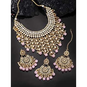 Aheli Elegant Indian Wedding Wear Faux Kundan Studded Choker Necklace with Maang Tikka Set Ethnic Fashion Jewelry for Women (Pink Kundan & Pearl Drop)