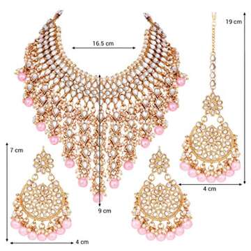 Aheli Elegant Indian Wedding Wear Faux Kundan Studded Choker Necklace with Maang Tikka Set Ethnic Fashion Jewelry for Women (Pink Kundan & Pearl Drop)
