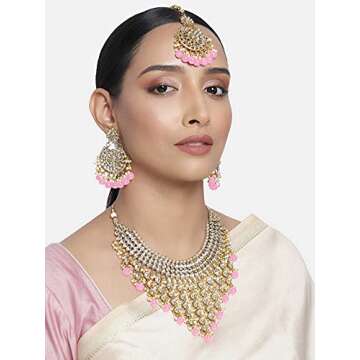 Aheli Elegant Indian Wedding Wear Faux Kundan Studded Choker Necklace with Maang Tikka Set Ethnic Fashion Jewelry for Women (Pink Kundan & Pearl Drop)