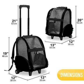 KOPEKS Deluxe Backpack Pet Travel Carrier with Double Wheels for Pets up to 10 Pounds - Black - Approved by Most Airlines